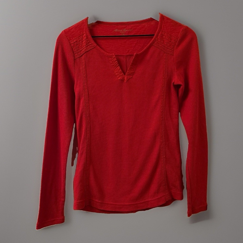 Eddie Bauer Thermal Top Womens XS Red Waffle Knit Lace Inset Notch Neck Outdoor